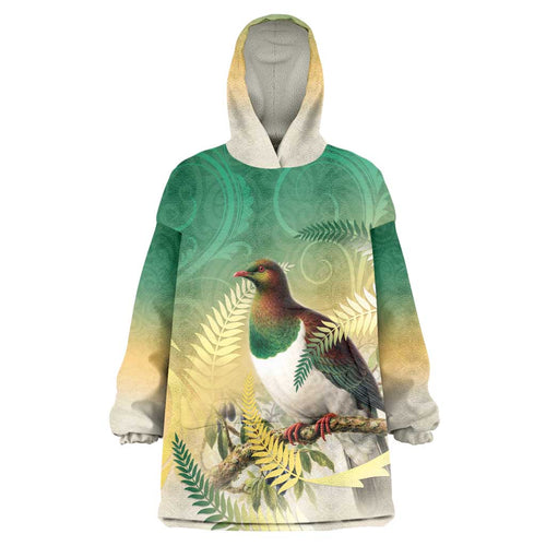 New Zealand Pigeon Kereru Wearable Blanket Hoodie Maori Fern Art Green Gradient - Aussie Hoodie
