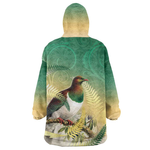 New Zealand Pigeon Kereru Wearable Blanket Hoodie Maori Fern Art Green Gradient - Aussie Hoodie