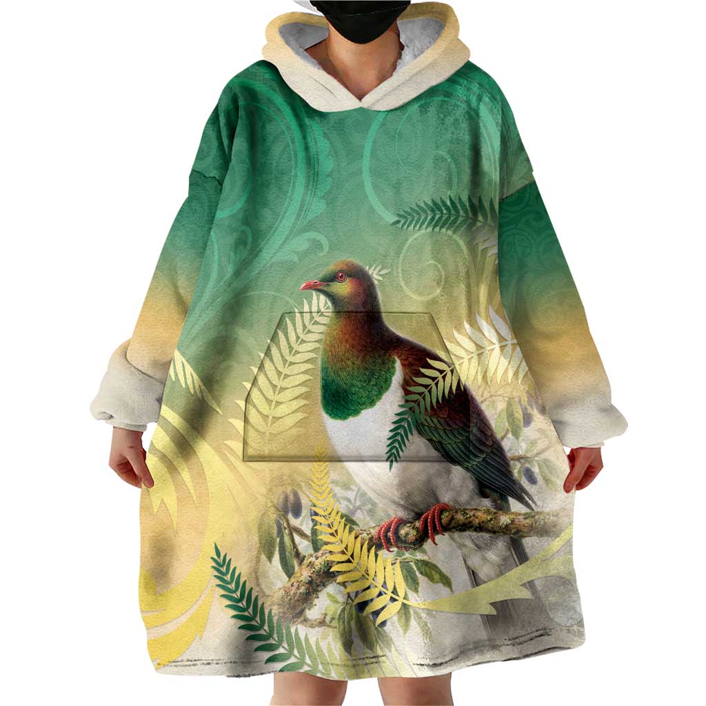 New Zealand Pigeon Kereru Wearable Blanket Hoodie Maori Fern Art Green Gradient - Aussie Hoodie