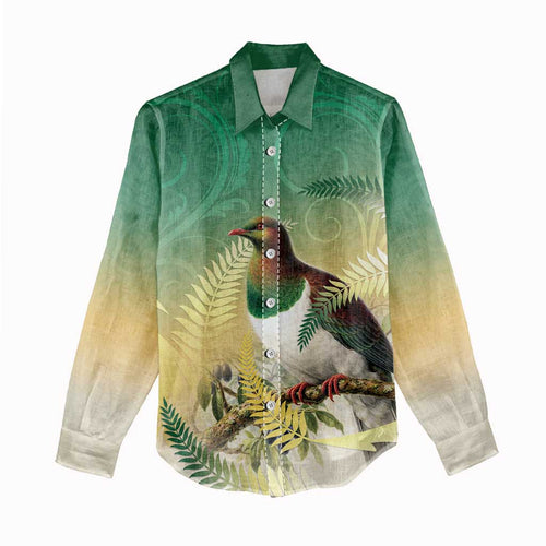 New Zealand Pigeon Kereru Women Casual Shirt Maori Fern Art Green Gradient - Aussie Hoodie