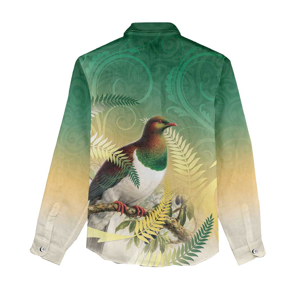 New Zealand Pigeon Kereru Women Casual Shirt Maori Fern Art Green Gradient - Aussie Hoodie
