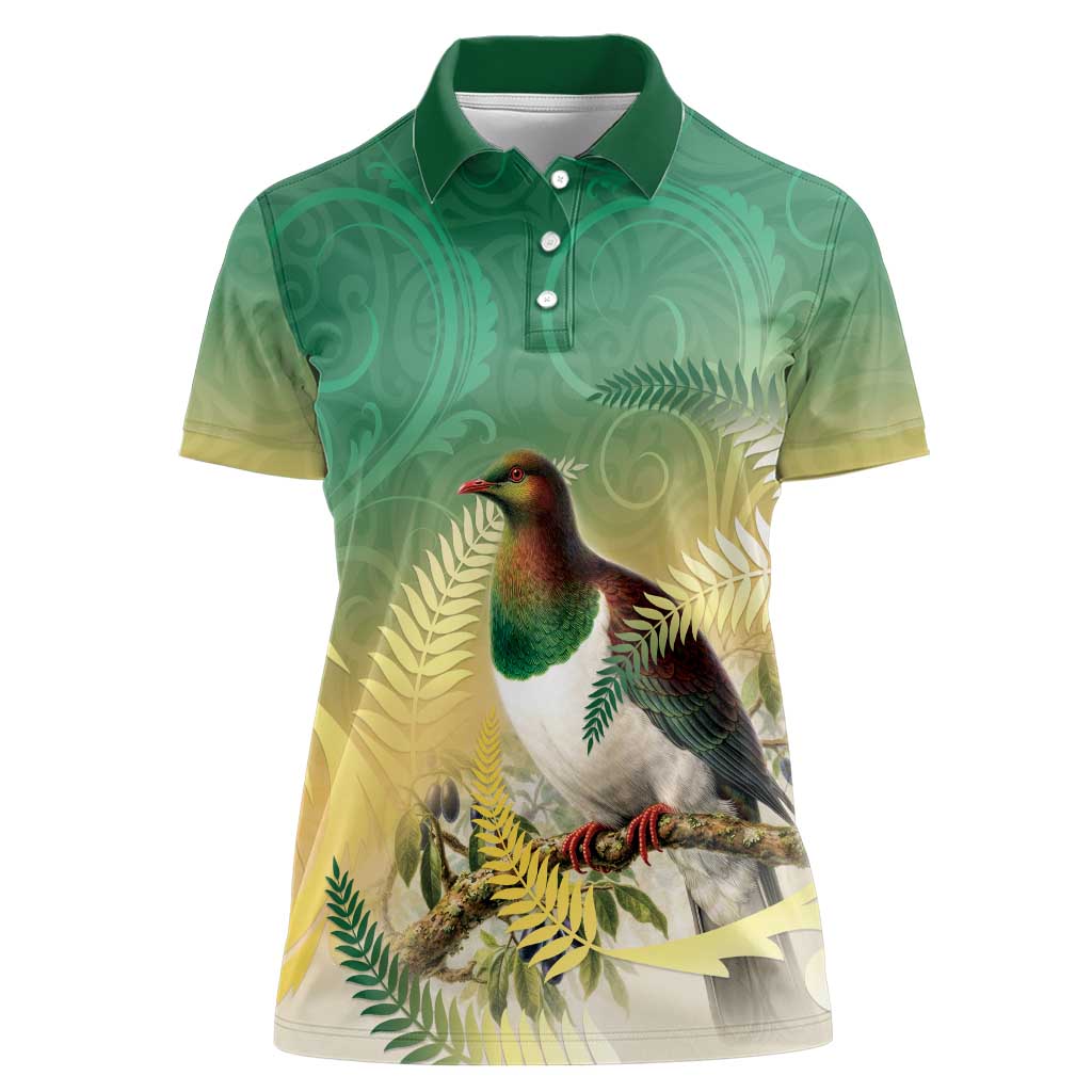 New Zealand Pigeon Kereru Women Polo Shirt Maori Fern Art Green Gradient - Aussie Hoodie
