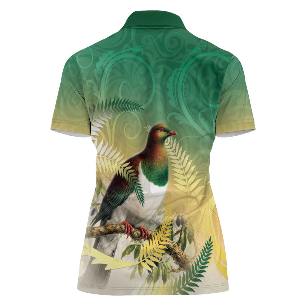 New Zealand Pigeon Kereru Women Polo Shirt Maori Fern Art Green Gradient - Aussie Hoodie