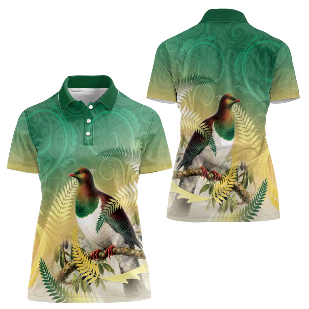 New Zealand Pigeon Kereru Women Polo Shirt Maori Fern Art Green Gradient - Aussie Hoodie