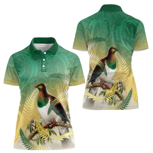 New Zealand Pigeon Kereru Women Polo Shirt Maori Fern Art Green Gradient - Aussie Hoodie
