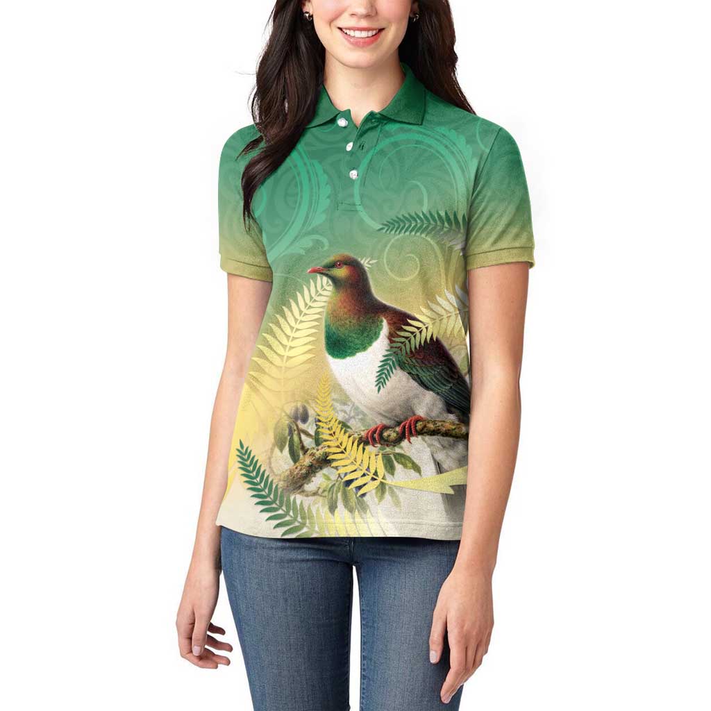 New Zealand Pigeon Kereru Women Polo Shirt Maori Fern Art Green Gradient - Aussie Hoodie