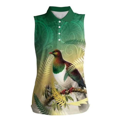 New Zealand Pigeon Kereru Women Sleeveless Polo Shirt Maori Fern Art Green Gradient - Aussie Hoodie