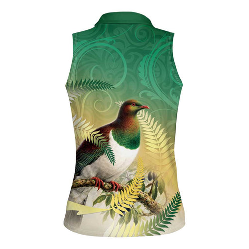 New Zealand Pigeon Kereru Women Sleeveless Polo Shirt Maori Fern Art Green Gradient - Aussie Hoodie