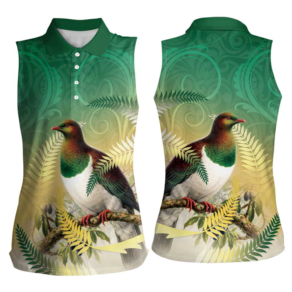 New Zealand Pigeon Kereru Women Sleeveless Polo Shirt Maori Fern Art Green Gradient - Aussie Hoodie
