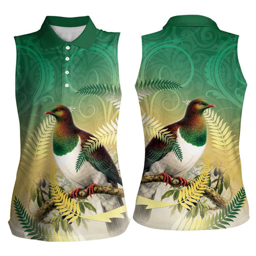 New Zealand Pigeon Kereru Women Sleeveless Polo Shirt Maori Fern Art Green Gradient - Aussie Hoodie