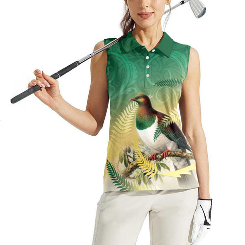 New Zealand Pigeon Kereru Women Sleeveless Polo Shirt Maori Fern Art Green Gradient - Aussie Hoodie