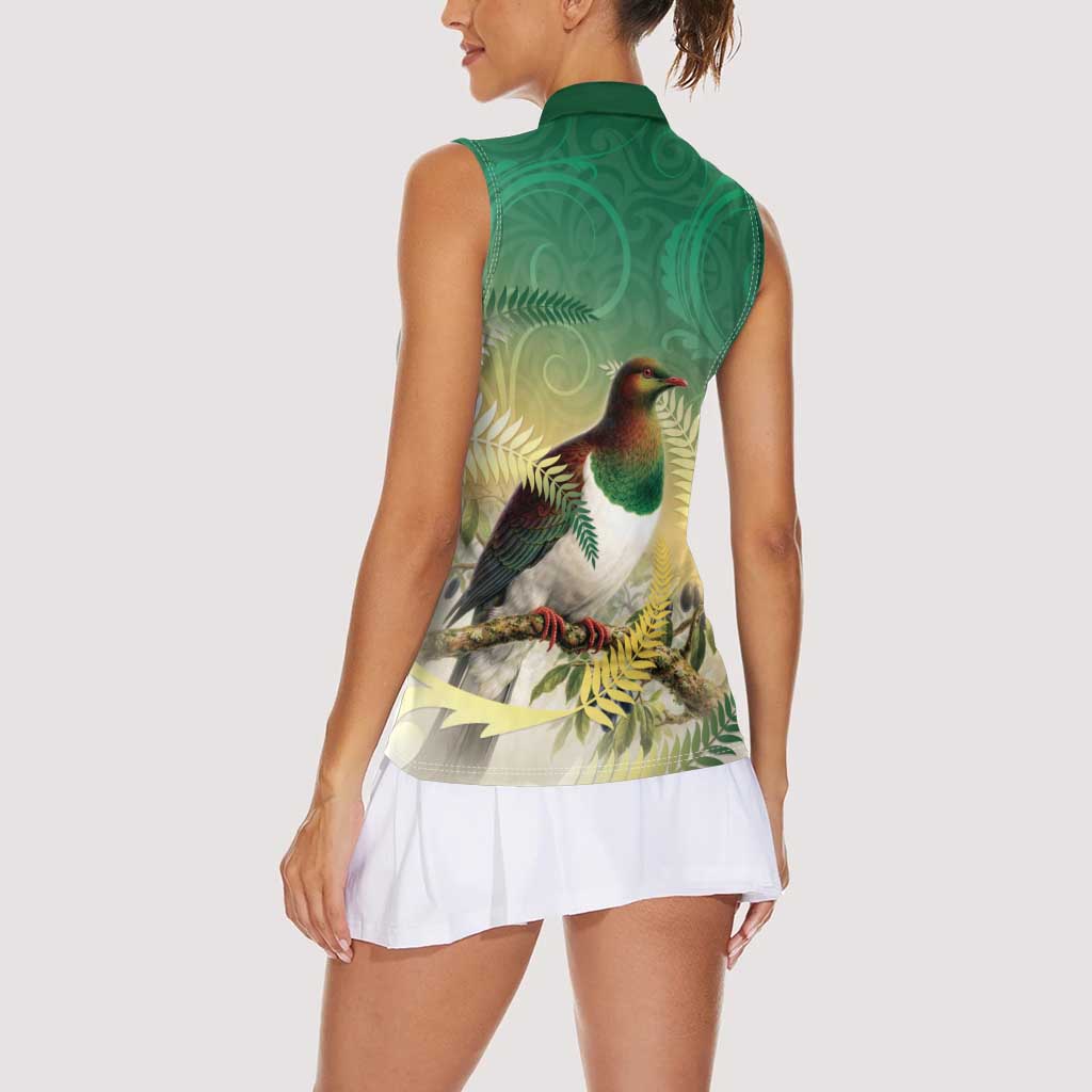 New Zealand Pigeon Kereru Women Sleeveless Polo Shirt Maori Fern Art Green Gradient - Aussie Hoodie