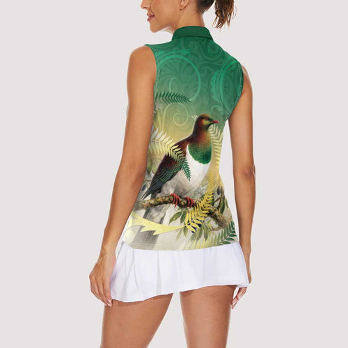 New Zealand Pigeon Kereru Women Sleeveless Polo Shirt Maori Fern Art Green Gradient - Aussie Hoodie