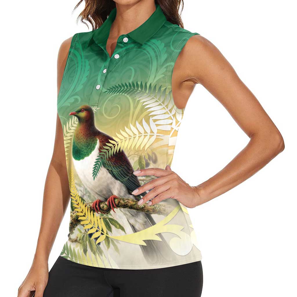 New Zealand Pigeon Kereru Women Sleeveless Polo Shirt Maori Fern Art Green Gradient - Aussie Hoodie