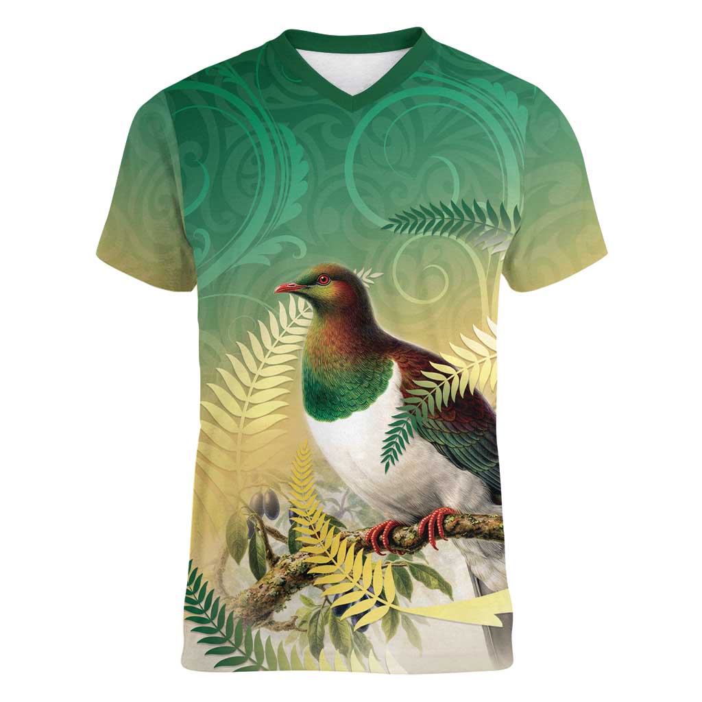 New Zealand Pigeon Kereru Women V-Neck T-Shirt Maori Fern Art Green Gradient - Aussie Hoodie