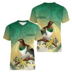 New Zealand Pigeon Kereru Women V-Neck T-Shirt Maori Fern Art Green Gradient - Aussie Hoodie