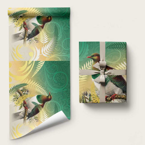 New Zealand Pigeon Kereru Wrapping Paper Maori Fern Art Green Gradient