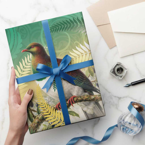New Zealand Pigeon Kereru Wrapping Paper Maori Fern Art Green Gradient