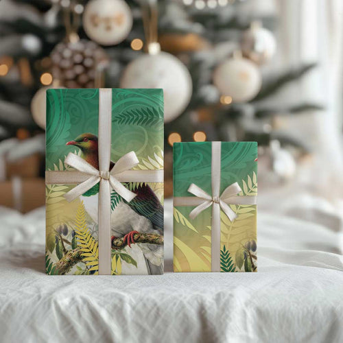 New Zealand Pigeon Kereru Wrapping Paper Maori Fern Art Green Gradient