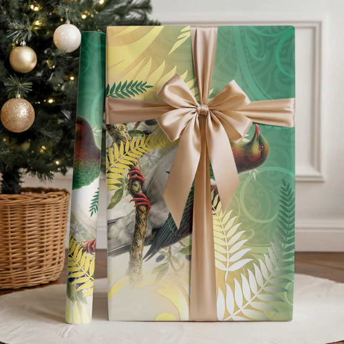 New Zealand Pigeon Kereru Wrapping Paper Maori Fern Art Green Gradient