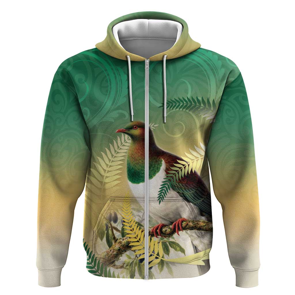 New Zealand Pigeon Kereru Zip Hoodie Maori Fern Art Green Gradient - Aussie Hoodie