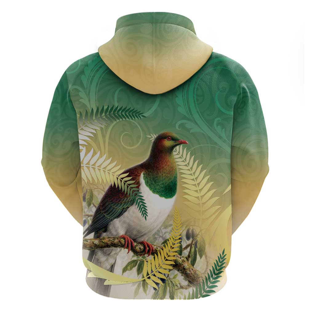 New Zealand Pigeon Kereru Zip Hoodie Maori Fern Art Green Gradient - Aussie Hoodie