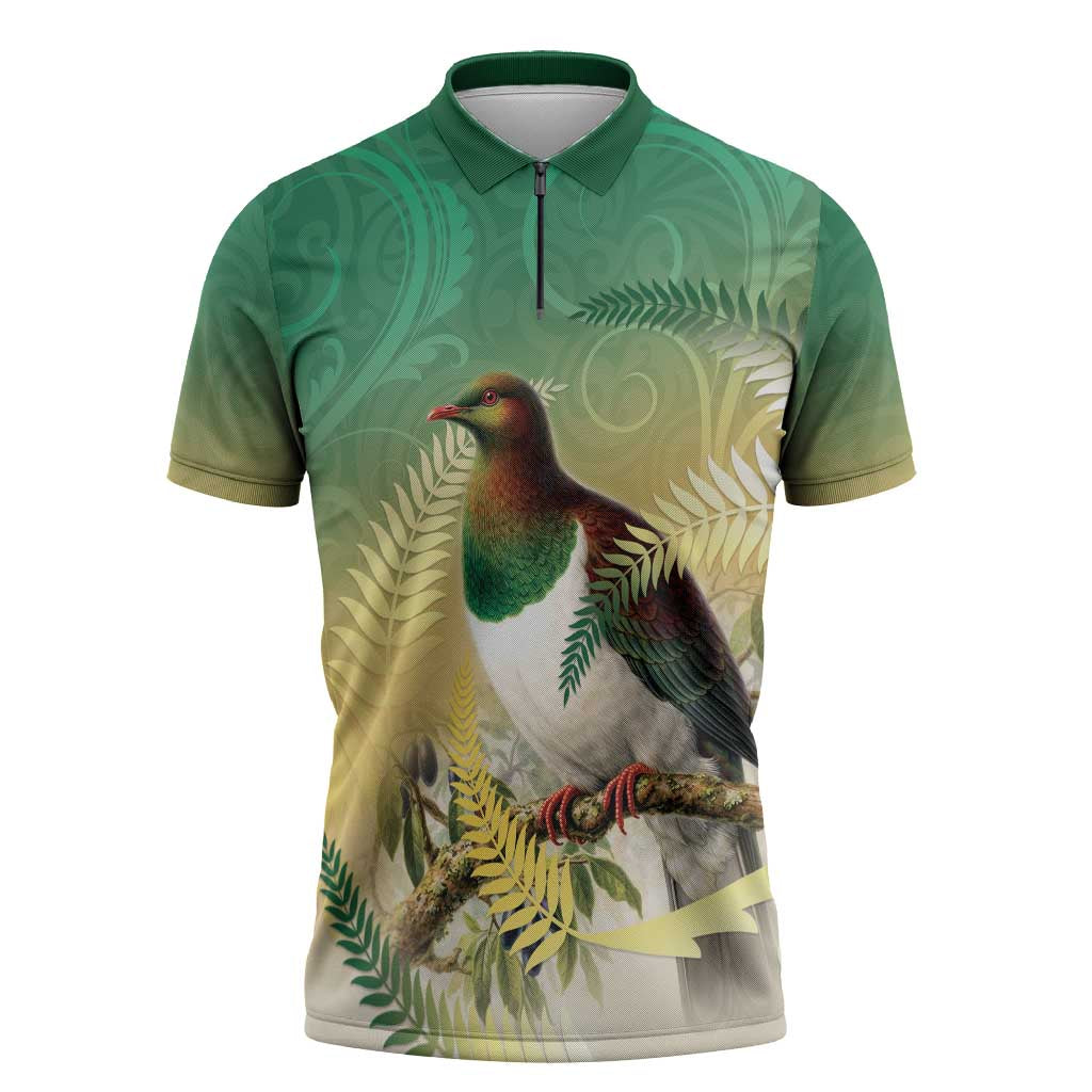 New Zealand Pigeon Kereru Zipper Polo Shirt Maori Fern Art Green Gradient - Aussie Hoodie