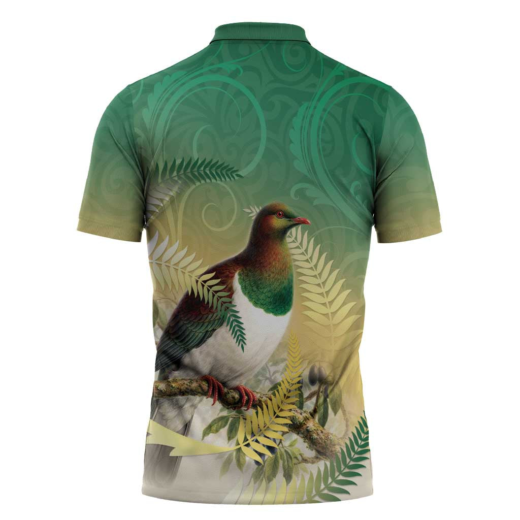 New Zealand Pigeon Kereru Zipper Polo Shirt Maori Fern Art Green Gradient - Aussie Hoodie