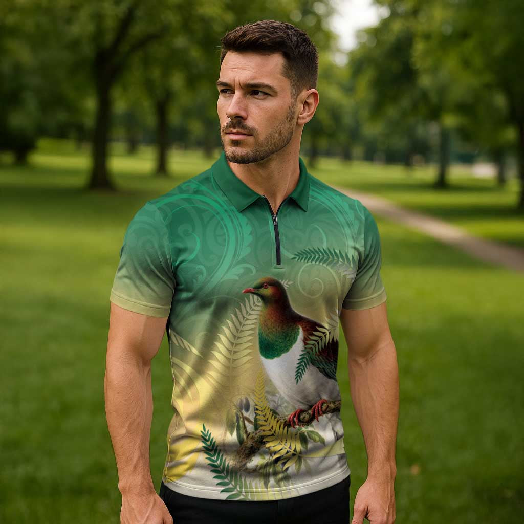 New Zealand Pigeon Kereru Zipper Polo Shirt Maori Fern Art Green Gradient - Aussie Hoodie