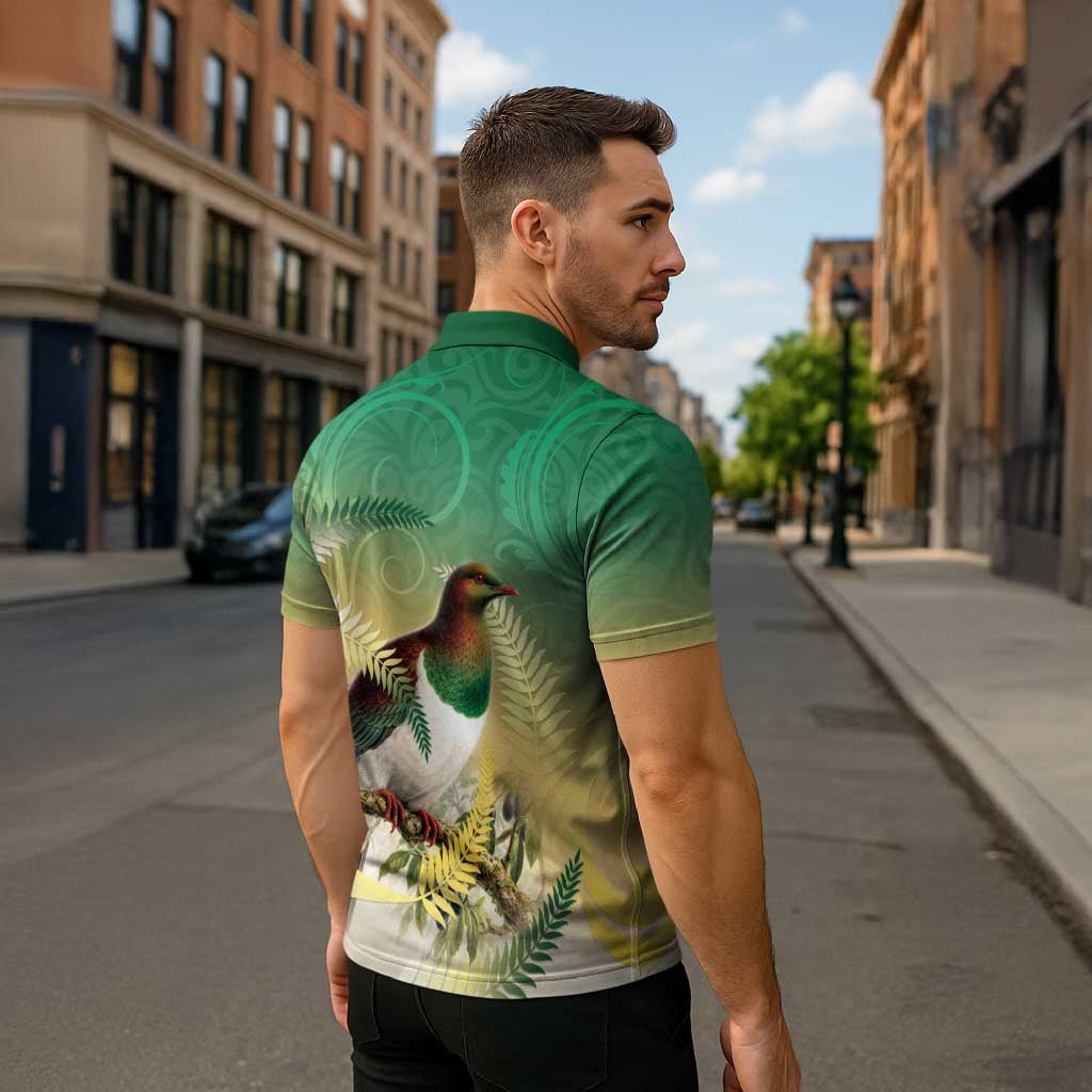 New Zealand Pigeon Kereru Zipper Polo Shirt Maori Fern Art Green Gradient - Aussie Hoodie