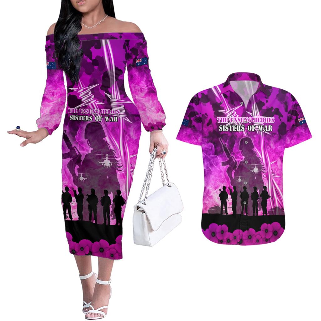 Australia ANZAC Day Couples Matching Off The Shoulder Long Sleeve Dress and Hawaiian Shirt The Unsung Heroes Sisters of War