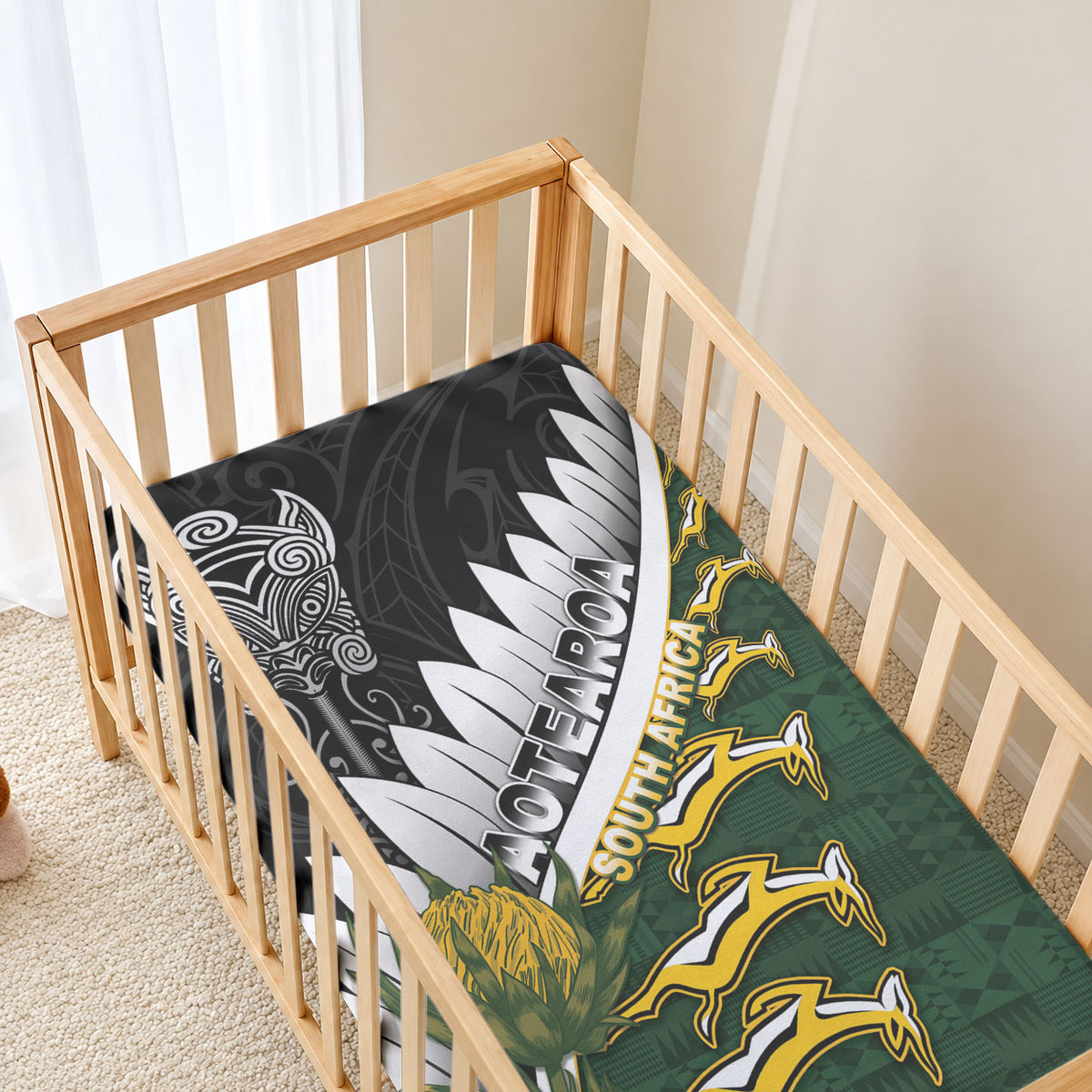 Rugby New Zealand And South Africa Baby Bed Cover Silver Fern With Springboks