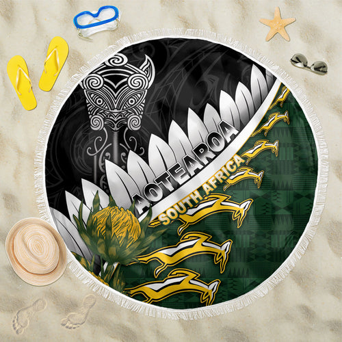 Rugby New Zealand And South Africa Beach Blanket Silver Fern With Springboks