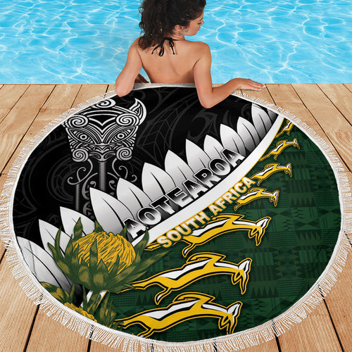 Rugby New Zealand And South Africa Beach Blanket Silver Fern With Springboks