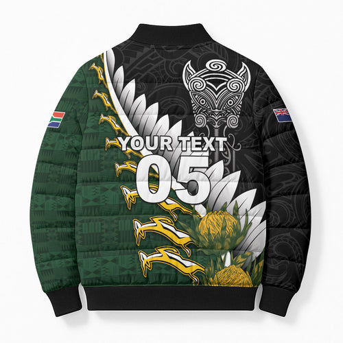 Custom Rugby New Zealand And South Africa Bomber Puffer Jacket Silver Fern With Springboks