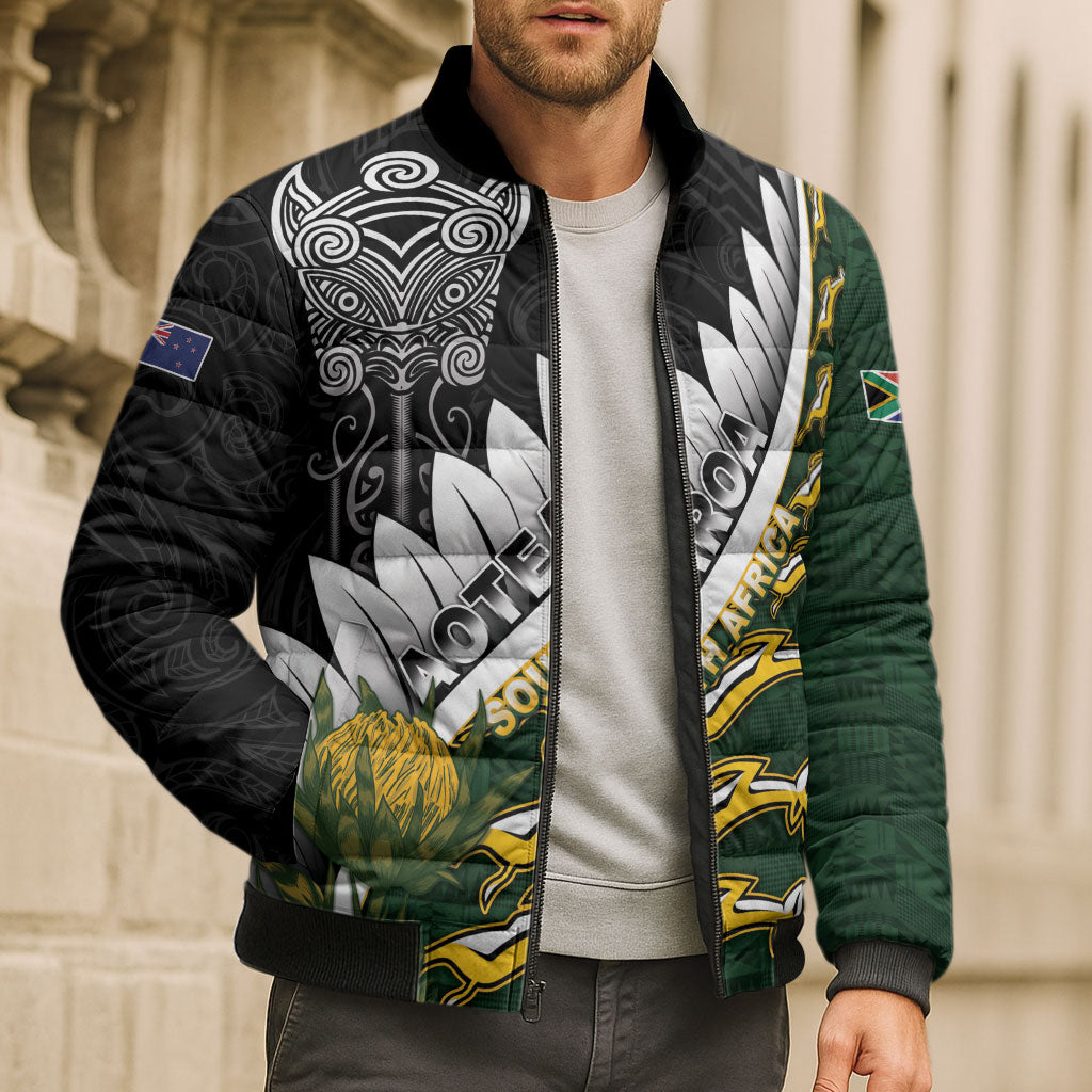 Custom Rugby New Zealand And South Africa Bomber Puffer Jacket Silver Fern With Springboks