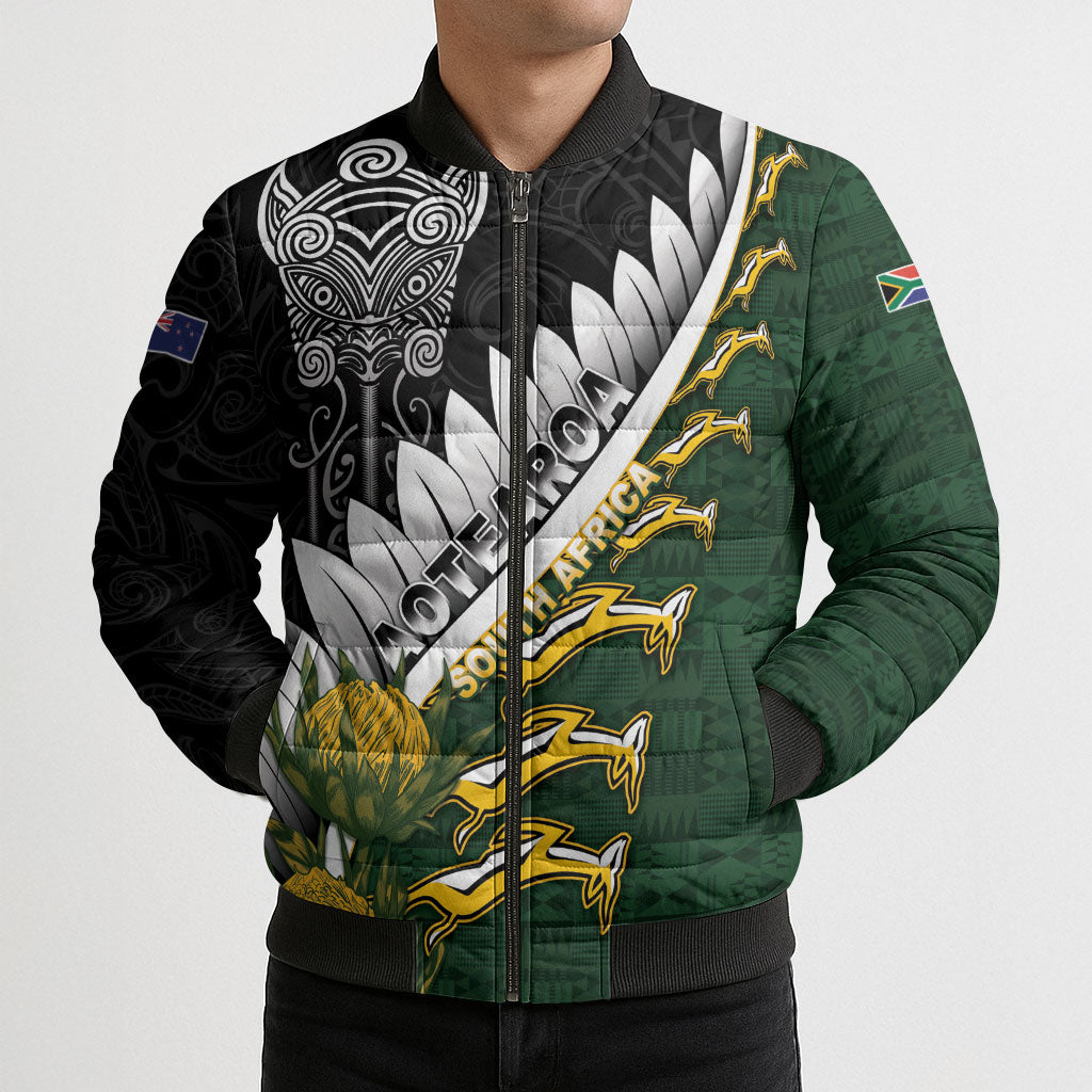 Custom Rugby New Zealand And South Africa Bomber Puffer Jacket Silver Fern With Springboks