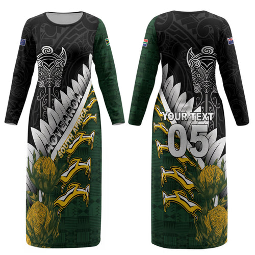 Custom Rugby New Zealand And South Africa Couples Matching Long Sleeve Bodycon Dress and Hawaiian Shirt Silver Fern With Springboks