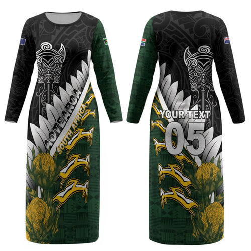 Custom Rugby New Zealand And South Africa Couples Matching Long Sleeve Bodycon Dress and Long Sleeve Button Shirt Silver Fern With Springboks