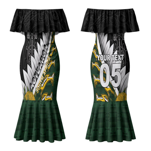 Custom Rugby New Zealand And South Africa Couples Matching Mermaid Dress and Long Sleeve Button Shirt Silver Fern With Springboks