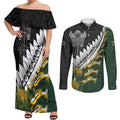 Custom Rugby New Zealand And South Africa Couples Matching Off Shoulder Maxi Dress and Long Sleeve Button Shirt Silver Fern With Springboks