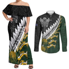 Custom Rugby New Zealand And South Africa Couples Matching Off Shoulder Maxi Dress and Long Sleeve Button Shirt Silver Fern With Springboks