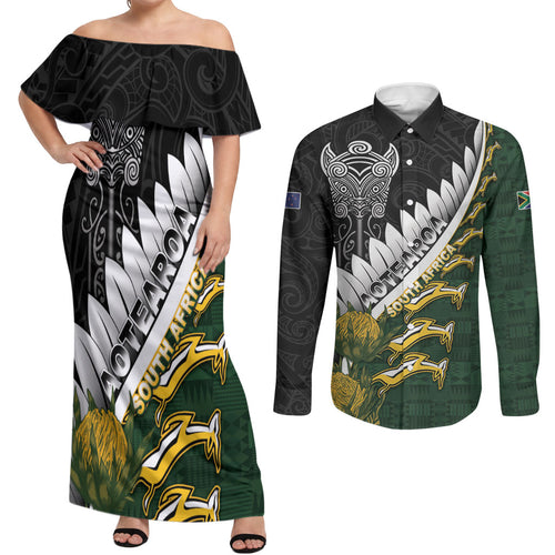 Custom Rugby New Zealand And South Africa Couples Matching Off Shoulder Maxi Dress and Long Sleeve Button Shirt Silver Fern With Springboks