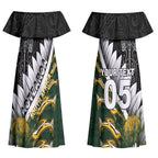 Custom Rugby New Zealand And South Africa Couples Matching Off Shoulder Maxi Dress and Long Sleeve Button Shirt Silver Fern With Springboks