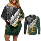 Custom Rugby New Zealand And South Africa Couples Matching Off Shoulder Short Dress and Long Sleeve Button Shirt Silver Fern With Springboks