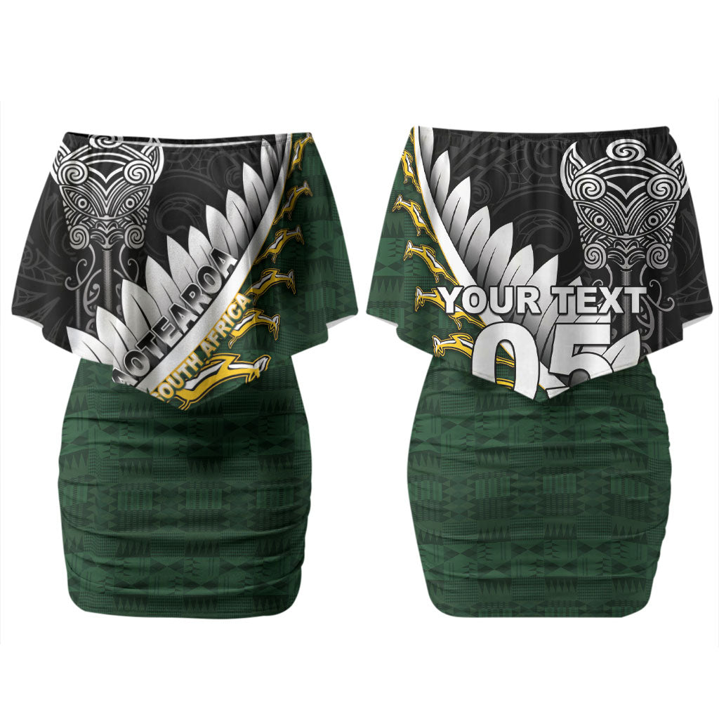 Custom Rugby New Zealand And South Africa Couples Matching Off Shoulder Short Dress and Long Sleeve Button Shirt Silver Fern With Springboks