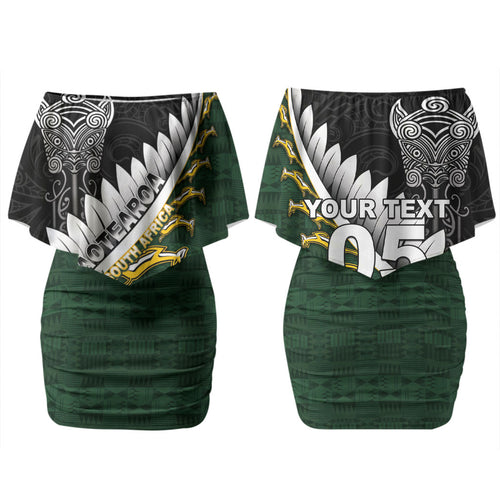 Custom Rugby New Zealand And South Africa Couples Matching Off Shoulder Short Dress and Long Sleeve Button Shirt Silver Fern With Springboks