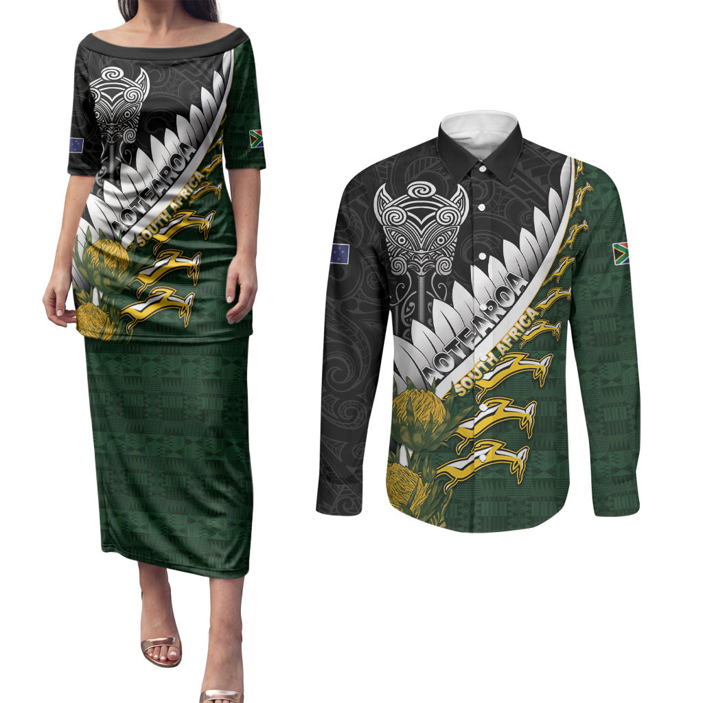 Custom Rugby New Zealand And South Africa Couples Matching Puletasi and Long Sleeve Button Shirt Silver Fern With Springboks