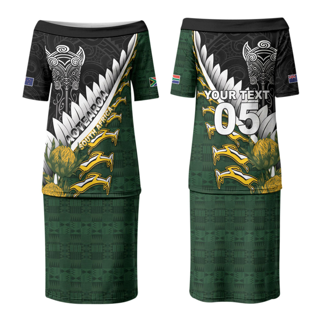 Custom Rugby New Zealand And South Africa Couples Matching Puletasi and Long Sleeve Button Shirt Silver Fern With Springboks