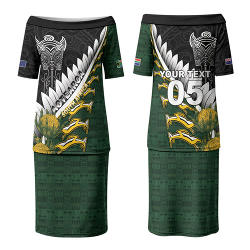 Custom Rugby New Zealand And South Africa Couples Matching Puletasi and Long Sleeve Button Shirt Silver Fern With Springboks